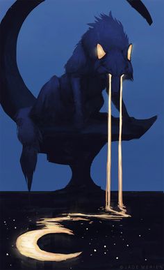 an animal with long legs standing in water next to a moon and two tall poles