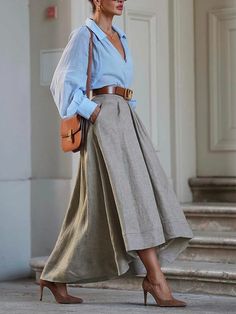 Elegant Regular Fit Linen Midi Skirt | stylewe Simplicity Outfit, Shein Outfits, Black Outfits, Mode Inspo, Looks Chic, Wide Pants