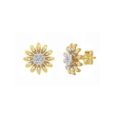 Let your sense of style bloom with this gorgeous pair of 18k gold over silver diamond daisy stud earrings. Let your sense of style bloom with this gorgeous pair of 18k gold over silver diamond daisy stud earrings.Click on this JEWELRY & WATCHES GUIDE to learn about fit, styles, materials and more! Length: 9 mm Backings: post Metal: sterling silver Plating: 18k gold Finish: polished Packaging: boxedDIAMOND DETAILS Total weight: 1/8 ct. Shape: round Setting: prong Diamond weights are approximate. Diamond total weights may vary between .01 and .08 ct. Some diamonds have fewer than 17 facets. Gemstones may have been treated to enhance their appearance. Special care may be required. Please visit our Gemstone Treatment & Special Care Guide for more information. Image(s) may be enlarged to show d Classic Yellow Gold Flower-shaped Cluster Earrings, Flower Shaped Diamond Earrings In Yellow Gold, Diamond Flower Yellow Gold Earrings, Yellow Gold Flower Earrings With Brilliant Cut, Yellow Gold Flower Diamond Earrings With Brilliant Cut, Flower Shaped Diamond Earrings In Fine Jewelry Style, Yellow Gold Diamond Cluster Earrings In Flower Shape, Fine Jewelry Flower-shaped Earrings With Single Cut Diamonds, Fine Jewelry Flower-shaped Diamond Earrings