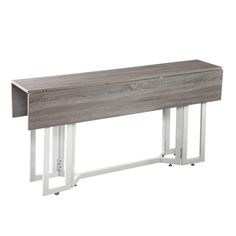 a wooden bench with white metal legs and a gray wood top, against a white background