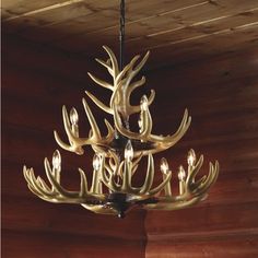 a chandelier with deer antlers hanging from it's sides and four lights on each side