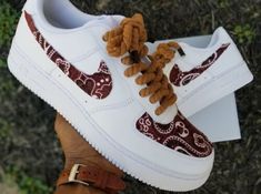 Custom Air Force Ones, Lace Bandana, Red And Black Shoes, Painted Nikes, Pretty Sneakers, Custom Af1, Air Jordans Women, Custom Shoes Diy, Nike Shoes Air Force