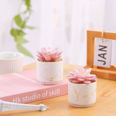 two ceramic pots with pink flowers sitting on top of a wooden table