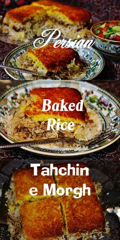 baked rice and tachin e morgh on two plates with the words baking written below