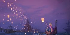 two people on a boat in the water with floating lanterns