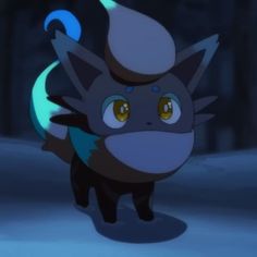 a cartoon cat with yellow eyes and a hat on it's head standing in the snow