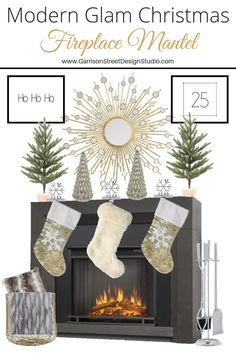 a christmas fireplace with stockings and stockings on it