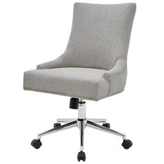 an office chair with wheels on the back and seat upholstered in grey fabric