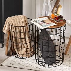 PRICES MAY VARY. 【Unique Design】Impressive nesting tables with storage that you definitely wouldn’t want to miss! Clear wood grain appearance, geometric metal frame. Combine modern and industrial designs to bring more sophistication and style to your life. 【Sturdy and durable】The coffee table made of durable metal wires with a high-quality MDF wood surface and woodgrain veneers， which make this perfect for everyday function. 【Versatile Look】Pair these living room tables with retro and vintage de Wire Basket Table, Side Table Storage, Basket Table, Tables With Storage, Round End Tables, Nesting End Tables, Rustic Side Table, Wire Basket Storage, Electric Fireplace Tv Stand