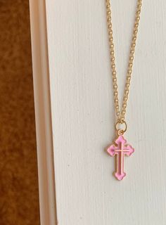 Preppy pink cross necklace! More colors coming soon! Adjustable Pink Pendant Charm Necklaces, Adjustable Pink Clavicle Chain Necklace, Pink Cross Pendant Jewelry As Gift, Pink Cross Pendant Necklace For Gift, Pink Cross Necklace For Gift, Pink Cross Necklace For Gifts, Pink Cross-shaped Jewelry Gift, Pink Cross-shaped Jewelry For Gift, Adjustable Pink Cross-shaped Jewelry