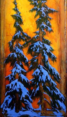 a painting of snow covered pine trees in front of an orange sky with yellow clouds