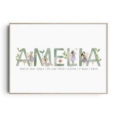 an art print with the name amelie in watercolor on white paper and green leaves