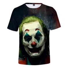 100% Polyester, Anti-Shrink, Printed Joker T-Shirt, Same Design On Back Green Casual Short Sleeve Sublimation Design, Pop Culture Green Tops With Letter Print, Casual Halloween Shirt With Graphic Design, Multicolor Crew Neck Top In Pop Culture Style, Casual Graphic Tops For Halloween, Casual Green Sublimation Short Sleeve Shirt, Multicolor Short Sleeve Pop Culture Tops, Black Crew Neck Shirt With Character Print, White Short Sleeve Pop Culture Top