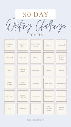 the 30 day writing challenge is shown in blue and white with text overlaying it