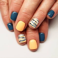 Two Color Nails Ideas Simple, Gel Mani Pedi Combos, Nails With 3 Colors, September Gel Nail Ideas, August Nail Colors Gel, Nails 2 Colors, 2 Color Nail Ideas, Blue Yellow Nails, Luminary Nails Design