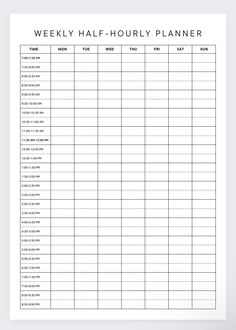 Weekly Half Hourly Planner,Time Blocking,Printable Schedule,Hourly Planner,Timesheet,Timeblocking... onenoteplanner #printabledailyplanner #plannerundated Time Organization Printables, Daily Planner Time Blocking, Weekly Planner Timetable, Weekly Hourly Planner Printable Free, Timeblocking Schedule, Time Blocking Printable Free, Work Hours Tracker, Weekly Timetable Template, Hourly Schedule Printable