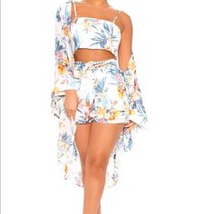 3 Piece Floral Print Set Adjustable Strap Tube Top With Back Zipper Full Lining Tie Front Elastic Waist Short Open Cardigan 100% Polyester Tie Dye Matching Set, Light Brown Top, Tropical Shorts, Puffy Sleeve Top, Tube Top And Skirt, Fashion Nova Bodysuit, Kimono Style Jacket, White Skort, Shirts Crop