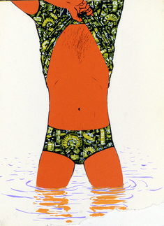 a drawing of a man in swim trunks holding a surfboard over his head while standing in the water