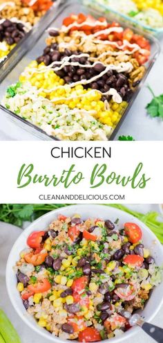 chicken burrito bowls with black beans, corn and tomatoes