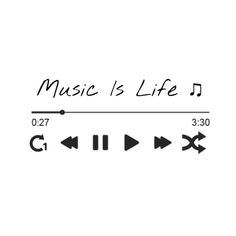 the words music is life written in black and white with arrows pointing to different directions