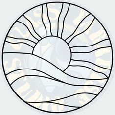 a circular stained glass window with waves and sun in the center on a white background