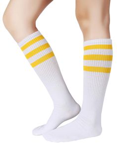 PRICES MAY VARY. HIGH-QUALITY:We select high quality cotton.They are very soft,breathable and comfortable. Over the calf length and triple stripes.They are not too light,and not too thick.(Cosplay Socks for Party, Halloween, School) Approximate socks length is 18 inch (46 cm) Fit Men's Shoe Size 6-12 (Socks Size:7-13);Women's Shoe Size 5-13(Socks Size:6-15). Packing Contents:1 pairs (2 socks) in Pareberry package. Yellow Socks, White Clothing, Chic Shop, Striped Socks, Tube Socks, Athletic Socks, Knee High Socks, Casual Socks, Men Shoes Size