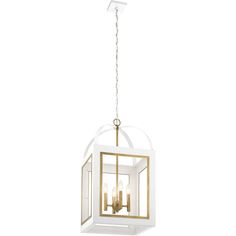 a white and gold lantern hanging from the ceiling