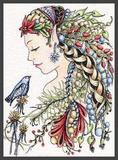 a drawing of a woman with feathers and flowers on her head, holding a bird