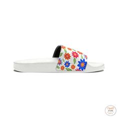 Introducing DipaliZ Floral Women's PU Slide SandalsGet ready to elevate your summer style with our DipaliZ Floral Women's PU Slide Sandals! These personalized slide sandals are the perfect blend of comfort and fashion, designed to keep you looking chic even in the hottest weather.Our sandals feature high-quality PU outsoles that provide durability and support, ensuring long-lasting wear. The edge-to-edge strap customization adds a unique touch to your footwear, with a printed surface that won't Trendy White Platform Slippers For Summer, Spring Platform Slide Slippers With Rubber Sole, Trendy Flat Synthetic Slippers, Synthetic Open Toe Flip Flops, Casual Summer Platform Slippers, Trendy Slip-on Synthetic Slippers, Trendy Round Toe Sport Sandals For Spring, Trendy Spring Platform Slippers With Removable Insole, Summer Platform Slippers With Rubber Sole