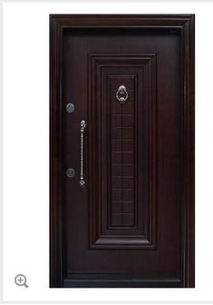 the front door is brown and has a metal handle on it's side panel