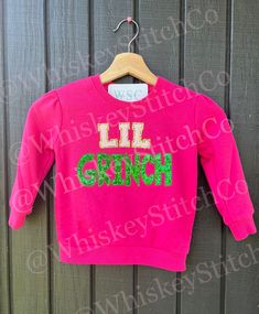 "TODDLER Sequin Embroidered Appliqué Crewneck Sweatshirt [pictured in Sangria]  NOTE: The \"LIL\" section ARE NOT CHENILLE PATCHES They are a faux chenille, appliqué! [Just means they aren't gonna fall off! ;) **See video in listing for details] TODDLER sizing. These are MADE TO ORDER and customizable!  *For any sizing recommendations please message me! Due to the nature of this item, I do not accept return or exchanges. HOWEVER, if there's an issue with your order, please contact me ASAP!! CARE Pink Holiday Tops For Festive Occasion, Pink Holiday Festive Tops, Pink Holiday Festive Top, Embroidered Christmas Holiday Tops, Festive Embroidered Crew Neck Top, Holiday Embroidered Tops For Fall, Long Sleeve Embroidered Tops For Holiday, Red Embroidered Holiday Tops, Holiday Cotton Top With Embroidery