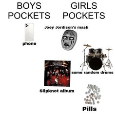 various types of musical instruments are shown in this graphic above the words boys, girls, pocketets, joy jordan's mask and slipknot album