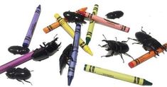 several different colored crayons are arranged in the shape of bugs and buggies