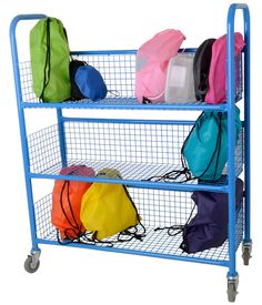 a blue rack with bags and backpacks on it's sides, sitting against a white background