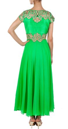 This anarkali features a embroidered bright green coloured ankle length anarkali with dori work on the neck and the waist. It comes along with a white net dupatta with golden and green border and churidaar. Fabric of this anarkali is gorgette White Net Dupatta, Dori Work, Long Anarkali, Light Green Color, Green Border, Net Dupatta, Bright Green, Anarkali, Ankle Length