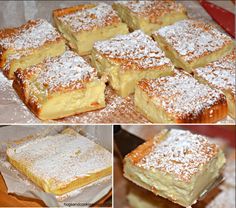 several pieces of cake sitting on top of a piece of paper with powdered sugar