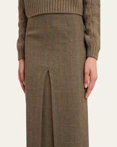 Loro Piana "Lise" overcheck skirt with an inverted front pleat    Midi length    High waist    Straight silhouette    Virgin wool    Dry clean    Made in Italy Loro Piana, Midi Length, Midi Skirt, Tops Designs, High Waisted, Wool, Luxury Fashion