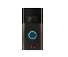 the ring video camera is on display in front of a white background with blue lights