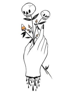 a drawing of two skulls holding flowers in their hands