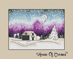 a cross stitch pattern with a house in the snow at night and a full moon