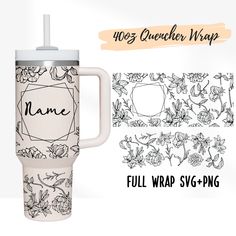 a white mug with flowers on it and the words name, full wrap svg - dng