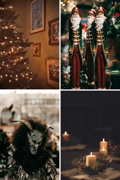 christmas decorations and candles are arranged in four different pictures, including a tree with lights