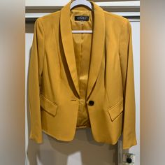 Questions? Leave A Comment Below! Yellow Formal Blazer With Suit Collar, Yellow Fitted Blazer For Work, Elegant Yellow Blazer With Pockets, Classic Yellow Blazer For Office, Fitted Yellow Blazer With Pockets, Yellow Fitted Blazer With Pockets, Yellow Single-breasted Notch Lapel Blazer, Fitted Mustard Outerwear For Work, Fitted Yellow Outerwear For Office