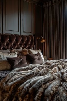 a large bed sitting next to a window in a room with dark colored walls and curtains