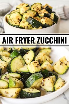 grilled zucchini in white bowls on a marble counter top with text overlay