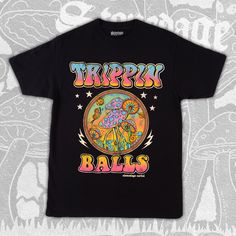 Trippin' Balls Psychedelic Black Unisex T-shirt, Trippy Vintage Colorful Unisex Shirt Black Graphic Tee For Festival, Black Graphic Tee For Festivals, Black Hippie Top For Music Festival, Black Hippie Tops For Music Festival, Black Screen Print T-shirt For Festival, Rave Festival T-shirt With Graphic Print, Rave T-shirt With Graphic Print For Festivals, Black Retro Festival T-shirt, Rave Festival Graphic Print T-shirt