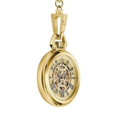 Dress up your look in classic and sophisticated style when you wear this men's Bulova Sutton gold-toned pocket watch with a skeleton dial. The gold-toned skeleton dial showcases black hands and stick and roman numeral markers. An open aperture allows you to view the inner workings of your watch. 50.0mm gold-toned ion-plated stainless steel case with mineral crystal Automatic movement keep accurate time. This pocket watch suspends along a 17.5-inch cable chain that secures with a lobster claw clasp. Water resistant to 30 meters, this watch includes a 3-year limited manufacturer's warranty. We are an authorized Bulova dealer. Classic Gold Watch Accessories With Polished Finish, Gold Watch With Skeleton Dial, Gold Watch Accessories With Skeleton Dial, Gold Skeleton Dial Watch Accessories, Gold Skeleton Dial Watch, Gold Round Watch With Skeleton Dial, Gold Round Skeleton Dial Watch, Luxury Pocket Watch With Subdials For Gift, Luxury Pocket Watch With Subdials As Gift