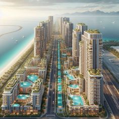 an artist's rendering of a city with swimming pools in the foreground and beachfront