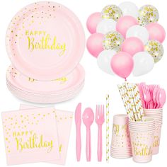 pink and gold birthday party supplies including plates, napkins, cups, forks, spoons