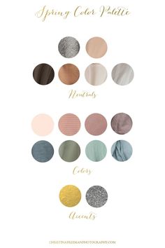 the spring color palette is shown in shades of gold, grey and white with text that reads